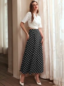 Solid Wrap Lapel Neck Crop Top & Polka Dot Print Skirt Set - Black and White - View 4