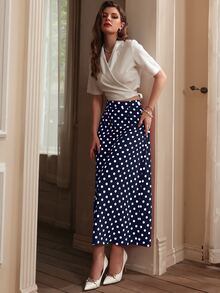 Modelyn Solid Wrap Lapel Neck Crop Top & Polka Dot Print Skirt Set - Blue and White - View 7