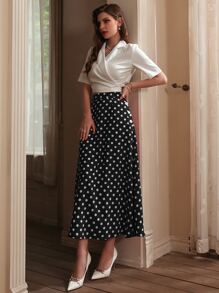Solid Wrap Lapel Neck Crop Top & Polka Dot Print Skirt Set - Black and White - View 6