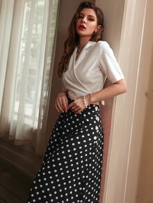 Solid Wrap Lapel Neck Crop Top & Polka Dot Print Skirt Set - Black and White - View 7