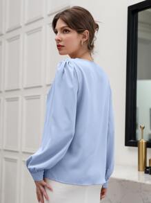 SHEIN Unity Puff Sleeve Solid Blouse - Blue - View 2