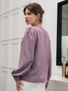Modelyn 泡泡袖纯色衬衫，长袖上衣 - 紫色 - 查看 2