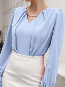 SHEIN Unity Puff Sleeve Solid Blouse - Blue - View 3