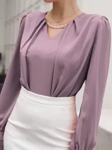 Modelyn 泡泡袖纯色衬衫，长袖上衣 - 紫色 - 查看 3