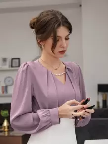 Modelyn 泡泡袖纯色衬衫，长袖上衣 - 紫色 - 查看 4