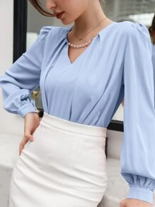 SHEIN Unity Puff Sleeve Solid Blouse - Blue - View 4