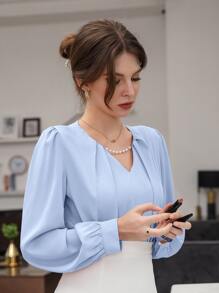 SHEIN Unity Puff Sleeve Solid Blouse - Blue - View 5