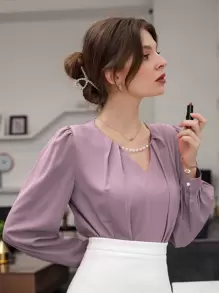 Modelyn 泡泡袖纯色衬衫，长袖上衣 - 紫色 - 查看 6