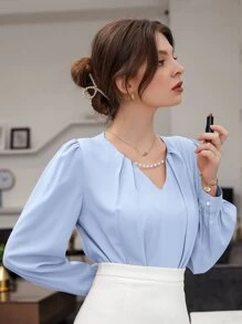 SHEIN Unity Puff Sleeve Solid Blouse - Blue - View 6