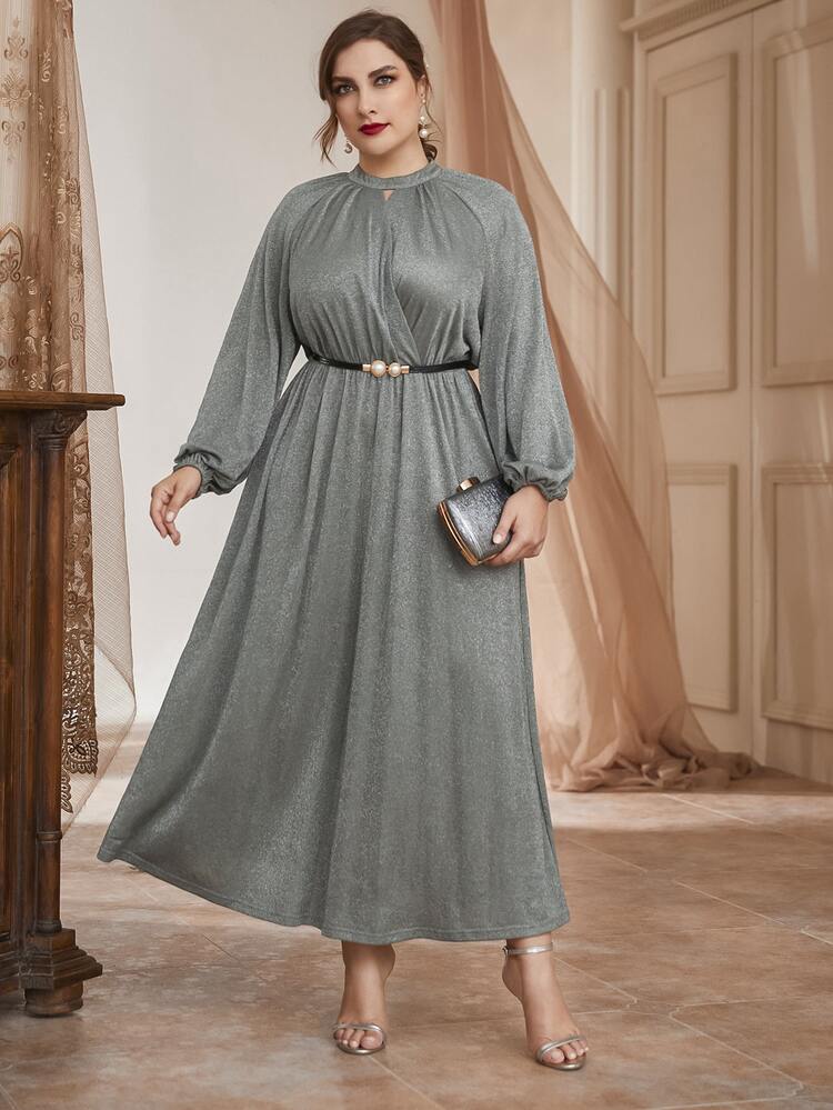 Modelyn 大碼燈籠袖後鎖孔繫腰帶連衣裙 - 灰色 - 查看 3