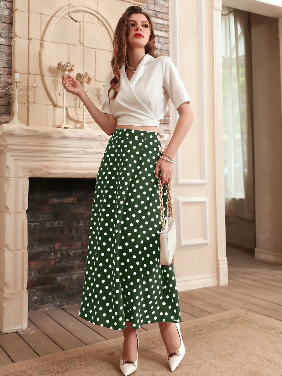 Modelyn 素色圍裹西裝領短款上衣和波點圖案裙子套裝 - 彩色 - 查看 1