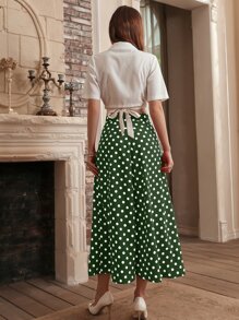 Modelyn 素色圍裹西裝領短款上衣和波點圖案裙子套裝 - 彩色 - 查看 2