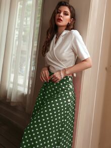 Modelyn 素色圍裹西裝領短款上衣和波點圖案裙子套裝 - 彩色 - 查看 3