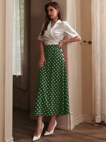 Modelyn 素色圍裹西裝領短款上衣和波點圖案裙子套裝 - 彩色 - 查看 4