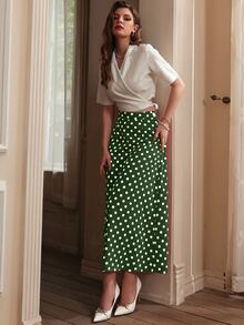 Modelyn 素色圍裹西裝領短款上衣和波點圖案裙子套裝 - 彩色 - 查看 6