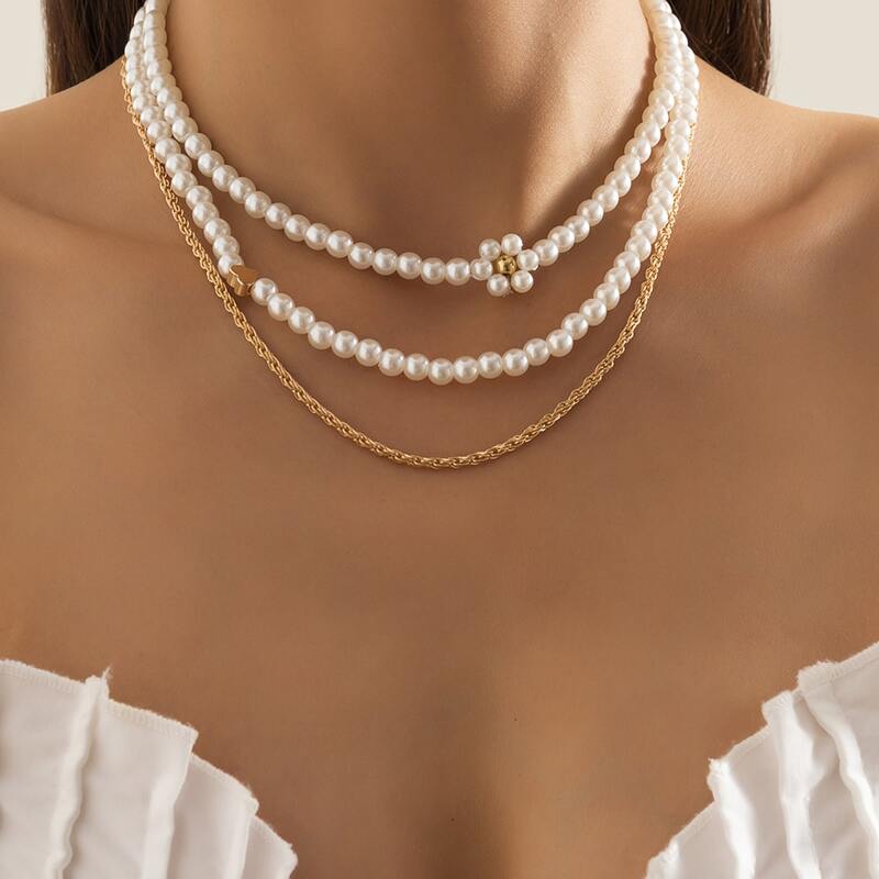 

3pcs Faux Pearl Beaded Necklace, Multicolor