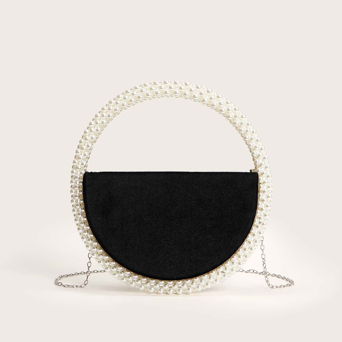 

Faux Pearl Decor Clutch Bag, Black