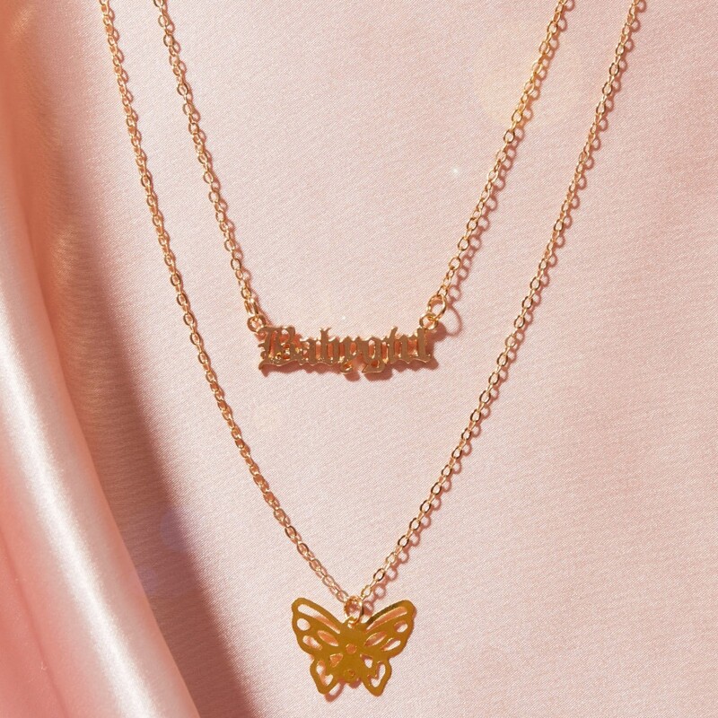 

Butterfly Pendant Layered Chain Necklace, Gold
