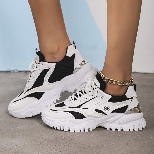 

Two Tone Lace Up Front Chunky Sneakers, Black and white