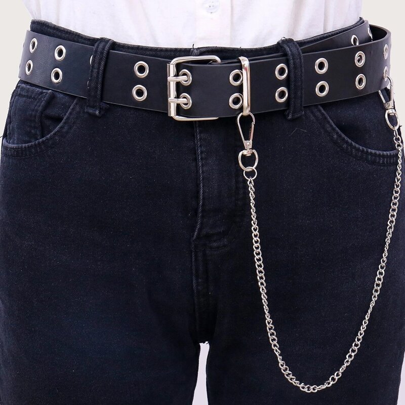 

Grommet Decor Belt With Pant Chain, Black