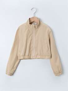 Girls Slant Pocket Zip Up Elastic Hem Jacket - Khaki - View 1