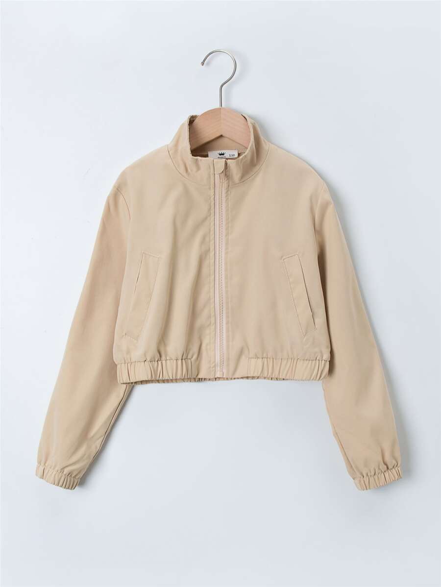 Girls Slant Pocket Zip Up Elastic Hem Jacket - Khaki - View 1