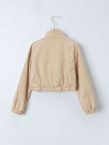 Girls Slant Pocket Zip Up Elastic Hem Jacket - Khaki - View 2