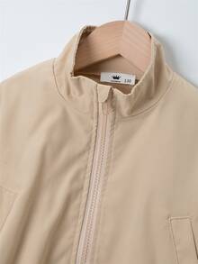 Girls Slant Pocket Zip Up Elastic Hem Jacket - Khaki - View 5