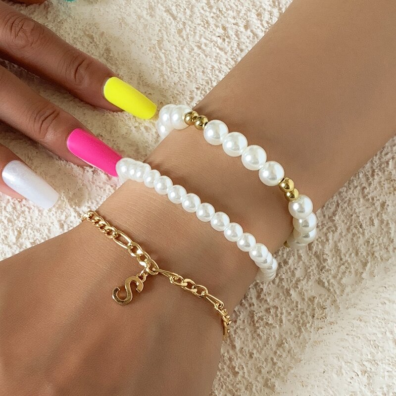 

3pcs Faux Pearl Beaded Bracelet, Gold