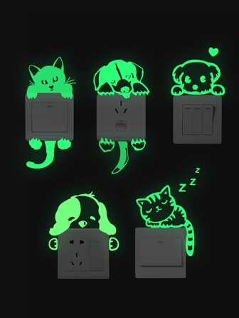 5pcs Glow In The Dark Animal Stickers, Green Switch Decorative Stickers