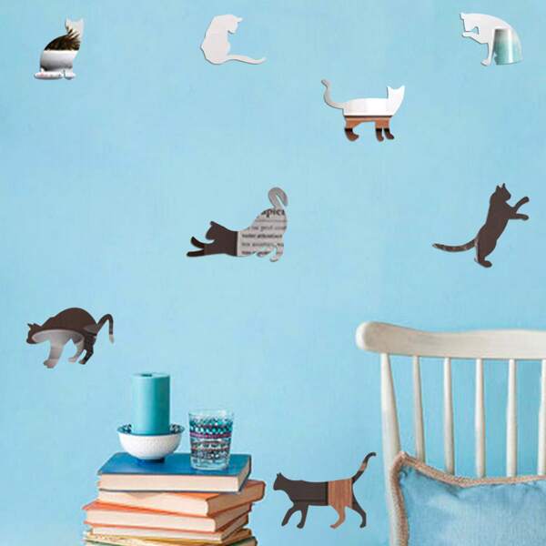 

9pcs Cat Shaped Mirror Surface Wall Sticker, Silver