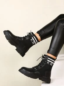 女士英伦风靴子，新款厚底机车靴，修身针织翻边短靴，适合春秋季节和派对穿着 - 黑色 - 查看 2
