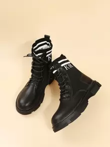 女士英伦风靴子，新款厚底机车靴，修身针织翻边短靴，适合春秋季节和派对穿着 - 黑色 - 查看 4