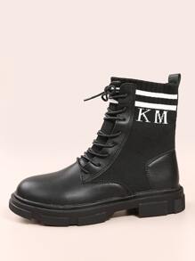 女士英伦风靴子，新款厚底机车靴，修身针织翻边短靴，适合春秋季节和派对穿着 - 黑色 - 查看 5