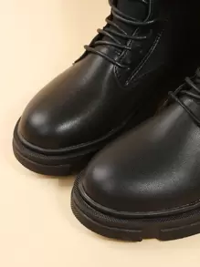 女士英伦风靴子，新款厚底机车靴，修身针织翻边短靴，适合春秋季节和派对穿着 - 黑色 - 查看 6