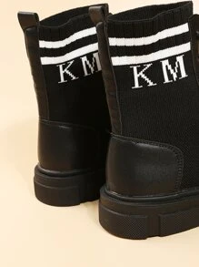 女士英伦风靴子，新款厚底机车靴，修身针织翻边短靴，适合春秋季节和派对穿着 - 黑色 - 查看 7