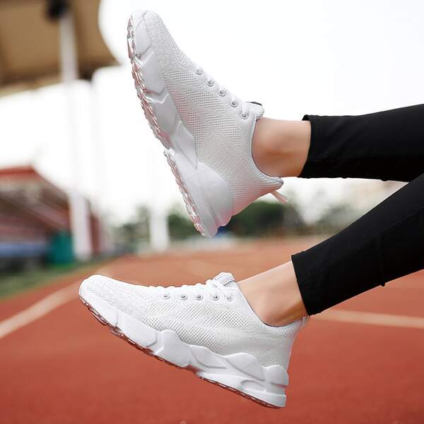 

Letter Patch Breathable Lace-up Front Sneakers, White