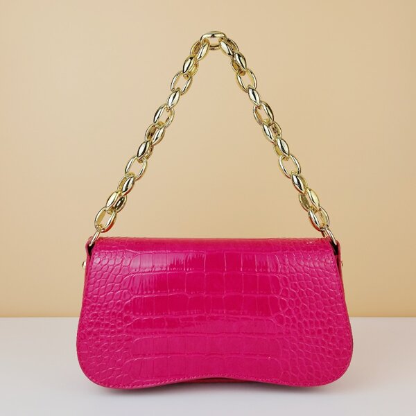 

Croc Embossed Flap Square Bag, Hot pink