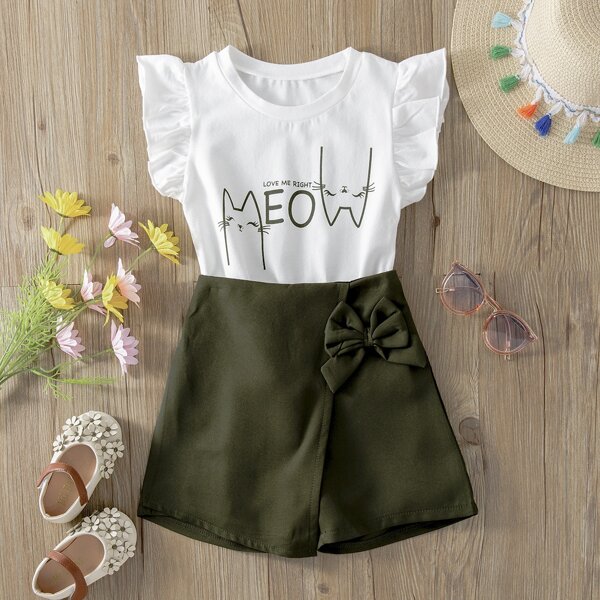 

Toddler Girls Cartoon Graphic Top & Bow Front Shorts, Multicolor