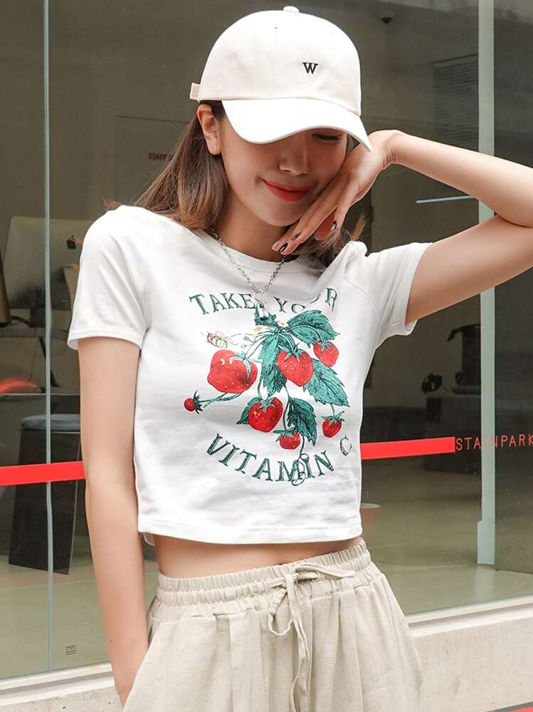 DAZY イチゴ柄&文字入り Tシャツ | SHEIN JAPAN