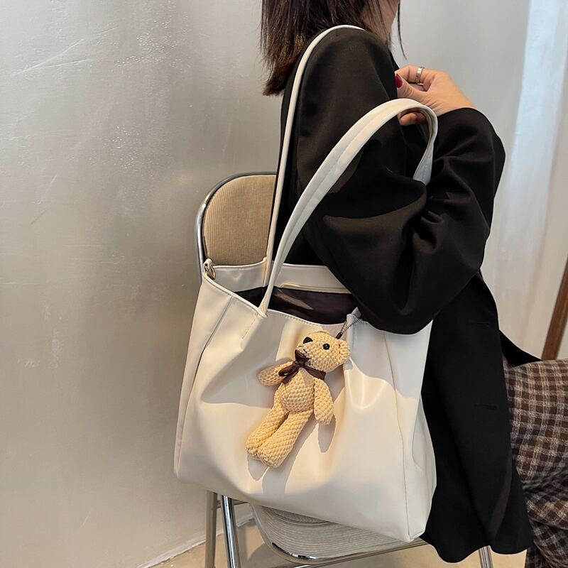 

Minimalist Tote Bag With Bear Bag Charm, Beige
