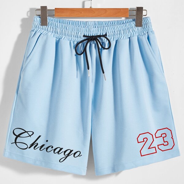 

Men Letter Graphic Drawstring Waist Shorts, Baby blue