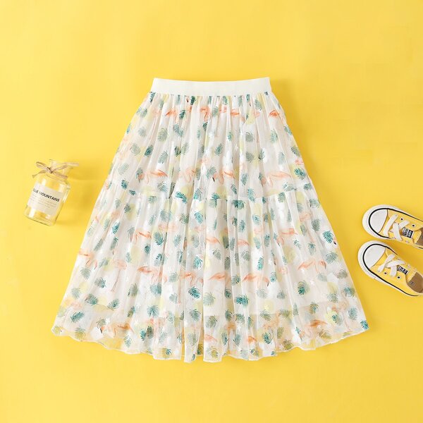 

Girls Flamingo & Leaf Print Flared Skirt, Beige