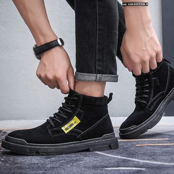 

Men Suede Lace-up Front Combat Boots, Black