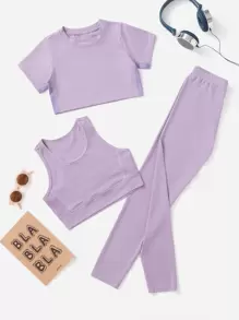 Girls Top-stitching Crop Active Tee & Leggings & Tank Top - Lilac Purple - View 1