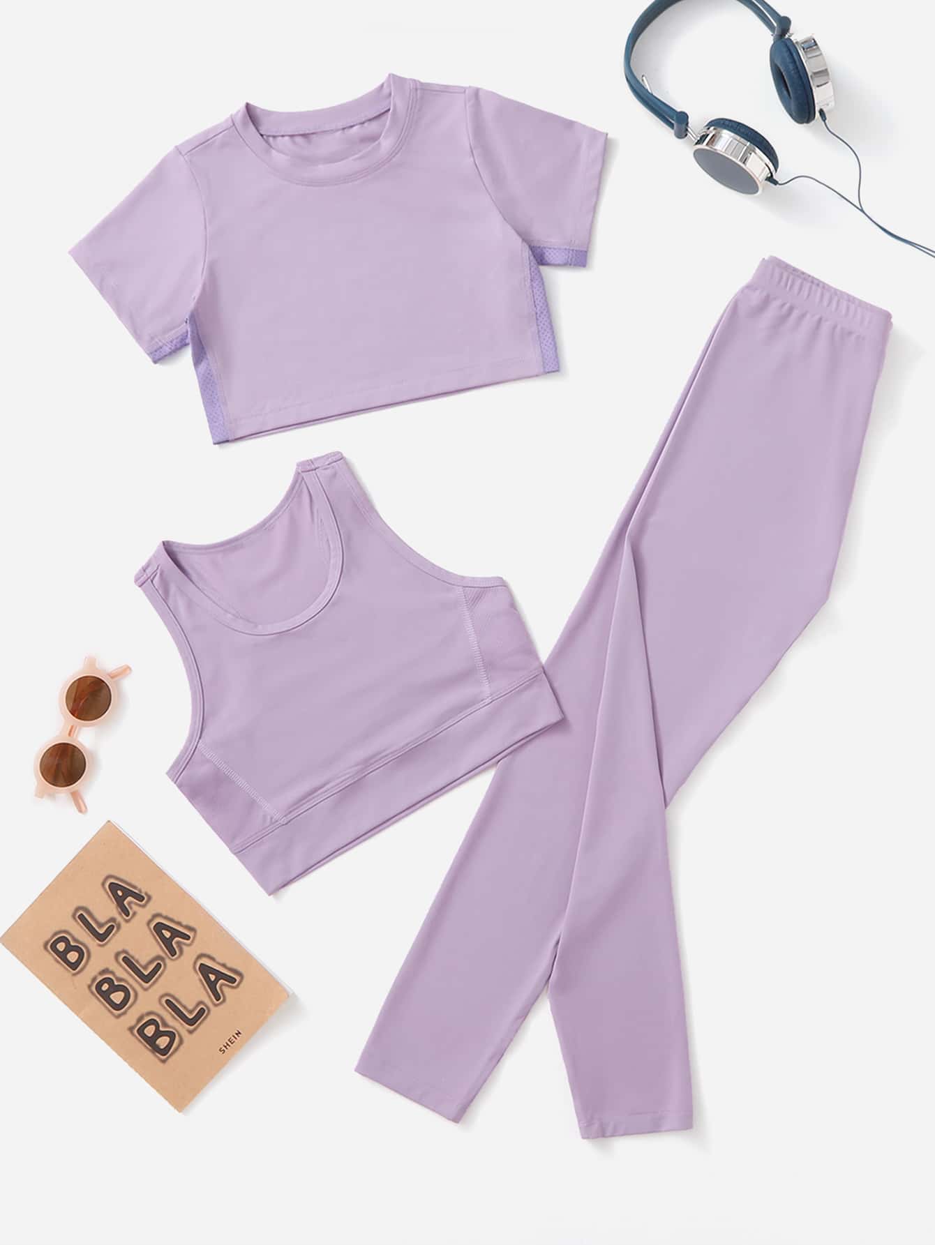 Girls Top-stitching Crop Active Tee & Leggings & Tank Top - Lilac Purple - View 1