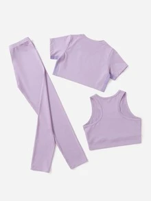 Girls Top-stitching Crop Active Tee & Leggings & Tank Top - Lilac Purple - View 2