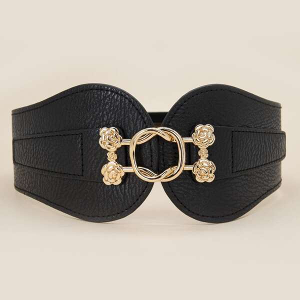 

Flower Decor Buckle Belt, Black