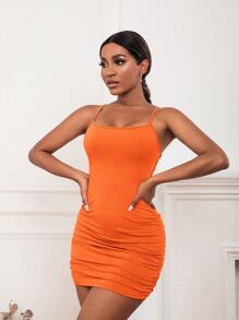 SHEIN Unity Neon Orange Lace-up Open Back Ruched Bodycon Dress - Orange - View 3