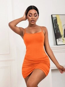 SHEIN Unity Neon Orange Lace-up Open Back Ruched Bodycon Dress - Orange - View 5
